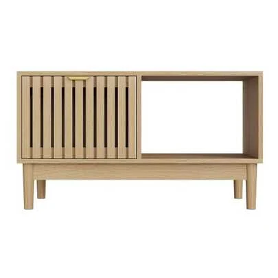 80 Cm Tall Coffee Table In Mid-Century Modern Style, Living Room Center Table With Grid Structure, With One Drawer, Open Shelves And Solid Wood Legs
