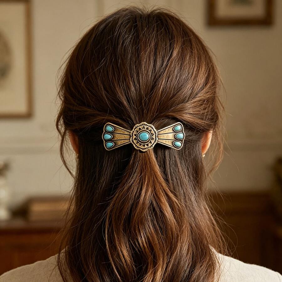 1pc Elegant Bow Round Turquoise Hair Clip, Fashionable Exquisite Women's Hair Accessory, Perfect For Daily Wear, Work, Dates And Special Occasions, Ideal Gift For Her,Clips For Hair - Bronze - View 1