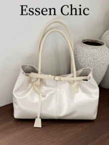 1pc White Strap Decor Large Capacity PU Patchwork Tote Bag, Women Shoulder Bag - White - View 8