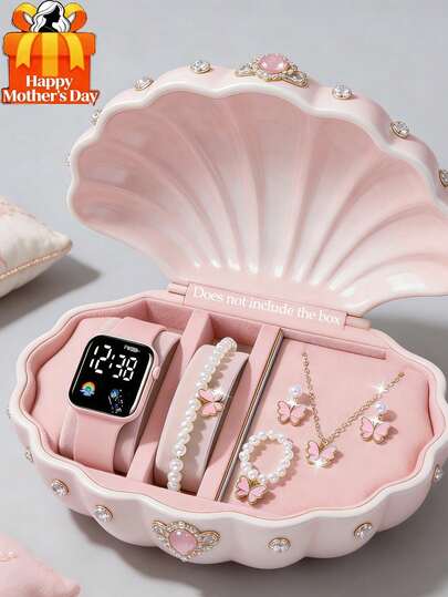 6/5 Pieces. Fashionable, Simple, Elegant And Adorable Square Digital Display Rainbow Pattern Decorated Electronic Watch, Paired With Butterfly Jewelry Set, Necklace, Bracelet, Earrings And Ring. Perfect For Girls To Wear At Parties, Parties, Various Festivals. It Is Also The Best Gift Choice For Mothers/Friends On Mother's Day, Back-To-School Season, Easter.