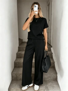 Solid Black Minimalist T-Shirt & Tailored Pleated Wide Leg Pants 2-Piece Loungewear Outfit - 黑色 - 查看 4