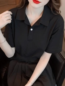 女士纯色短袖休闲健身运动Polo衫 黑色 夏季 - 黑色 - 查看 4