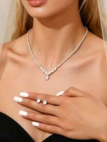 Bộ 3 món dây chuyền và bông tai pha lê cao cấp, kết hợp với dây chuyền choker sang trọng, trang sức, phụ kiện. - Bạc - Xem 9