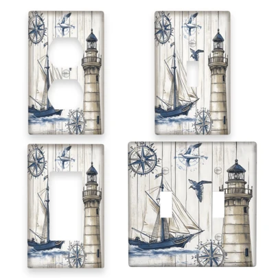 1pc 1-Gang/2-Gang Nautical Style Sailboat Design Light Switch Plate Cover, Plastic Wall Plate, Small Light Switch Cover