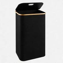 Free Shipping - 100L Aesthetic Hamper Laundry Basket, Black Laundry Hamper With Lid Cover - Sturdy Tall Bamboo Laundry Basket Clothes Organizer - Aesthetic Bedroom Fabric Bin - Big Bathroom Dirty Clothes Hamper, Clothes Basket Laundry, Dirty Clothes Basket - 黑色 - 查看 1