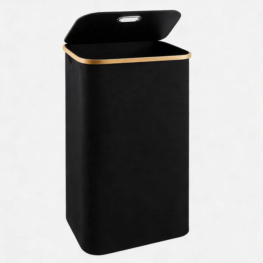 Free Shipping - 100L Aesthetic Hamper Laundry Basket, Black Laundry Hamper With Lid Cover - Sturdy Tall Bamboo Laundry Basket Clothes Organizer - Aesthetic Bedroom Fabric Bin - Big Bathroom Dirty Clothes Hamper, Clothes Basket Laundry, Dirty Clothes Basket - 黑色 - 查看 1