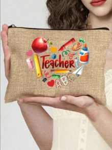 Teacher "Apple Print Makeup Bag, Portable Makeup Storage Bag Suitable For Moms And Teachers, Cosmetic Bag, Travel Makeup Bag, Cute Large Capacity Travel Organizer Bag, Lightweight Polyester Material, Suitable For Daily Use, Vacation, Fitness, Office, Perfect Gift For Moms, Teachers, Her, Also A Great Father's Day Gift, Graduation Gift, Independence Day Essential, Back To School Gift - Multicolor - View 12