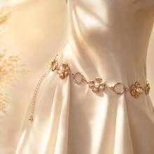1 buc lanț de talie reglabil cu perle și flori aurii, lanț de corp cu incrustații florale și perle pentru femei, accesoriu retro de zi cu zi - Aurora Gold - Vizualizare 6