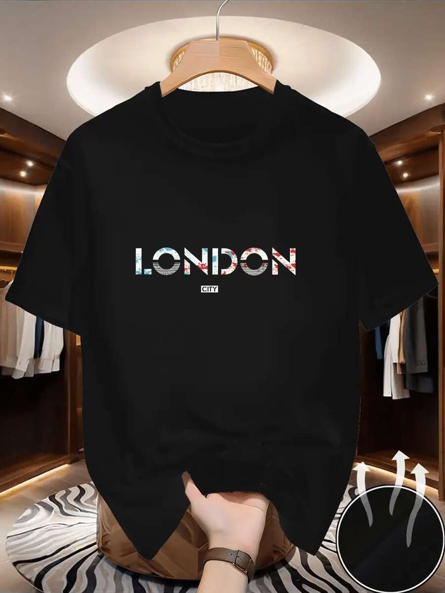 T-Shirt alla Moda Britannica LONDON CITY |   T-shirt estiva da uomo con stampa di lettere in bianco e nero, ampia e traspirante, a maniche corte e con scollo rotondo, adatta per palestra, corsa, ciclismo e abbigliamento casual estivo - Felpa leggera. - nero - Visualizzare 1
