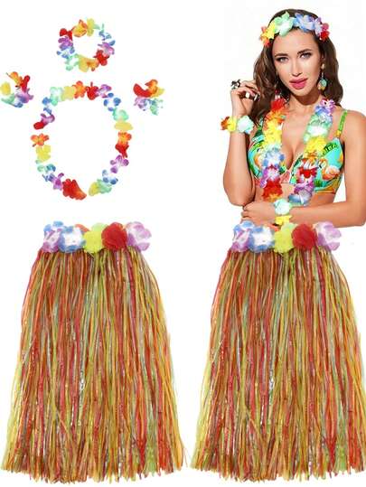 Bộ 5 món trang phục Hawaii nhiệt đới với váy rơm - Hoàn hảo cho lễ hội hóa trang, váy cỏ cho tiệc Luau dành cho người lớn, tiệc mùa hè và sinh nhật Halloween.