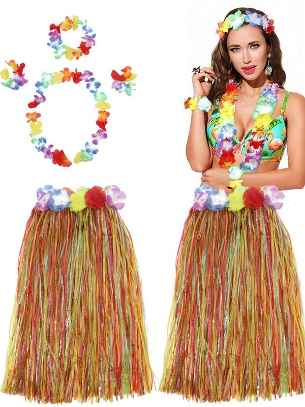 Bộ 5 món trang phục Hawaii nhiệt đới với váy rơm - Hoàn hảo cho lễ hội hóa trang, váy cỏ cho tiệc Luau dành cho người lớn, tiệc mùa hè và sinh nhật Halloween.