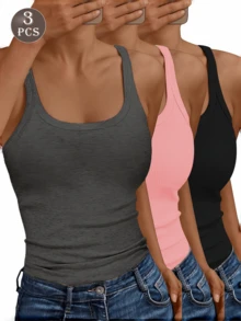 3pcs Women's Ribbed Racerback Camisole Tops, Breathable Fitted Unpadded Sports & Yoga Activewear - Multicolor - View 1