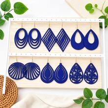 6 Pairs Retro Elegant Wooden Pendant Earrings, Blue Geometric Carved Design, Suitable For Evening Gowns And Party Outfits, Gift For Her - Blue - View 4
