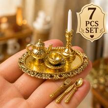 1 Set Romantic Retro Style Miniature Candlelight Dinner Tableware Set, Including Tray, Integrated Candlestick And Candle, Cutlery, Spoon, Water Pitcher And Coffee Cup. This Exquisite Mini Luxury Dining Set Is Carefully Crafted In 1:12 Scale With Meticulous Details, Serving As A Delicate Miniature Photography Decor. - one-size - View 4