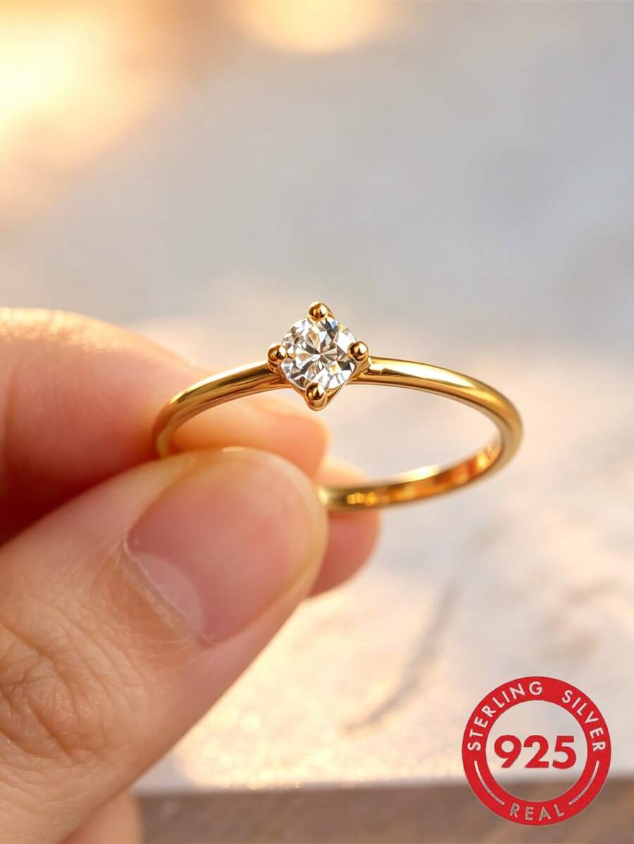 925 Sterling Silver Geometric Square Cubic Zirconia Ring, Jewelry Gift For Women, Engagement Jewelry - Gold - View 1