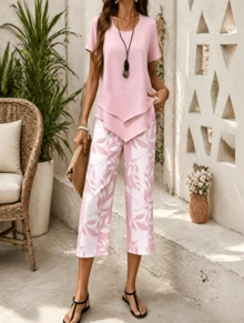 Women's Casual Solid Color Short-Sleeved Top + Botanical Print Shorts,Conjunto De Dos Piezas Mujer,Conjunto De Dos Piezas Mujer Elegante,Trajes Elegantes De Mujer,Two Piece Set Women,Vestido Elegante De Mujer,Country Concert Outfit,Club Outfits For Women,Birthday Outfits For Women,Cowgirl Outfits For Women,Cowgirl Outfits For Women,Brunch Outfits For Women,Summer Outfits For Women,Vacation Outfits Women,Summer Clothes,Summer,Beach Outfits For Woman - Hồng - Xem 2