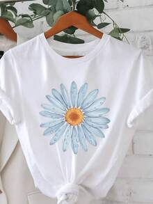 Talla Grande, Camiseta Casual de Mujer con Estampado de Margaritas, Manga Corta, Cuello Redondo, Ligera y Transpirable, Diseño en Azul Brillante y Blanco, Imprescindible para Primavera y Verano, Camisa con Estampado Floral, Camisetas Casuales de Manga Corta con Corte Relajado y Elegante para Tallas Grandes. - Blanco - Ver 1