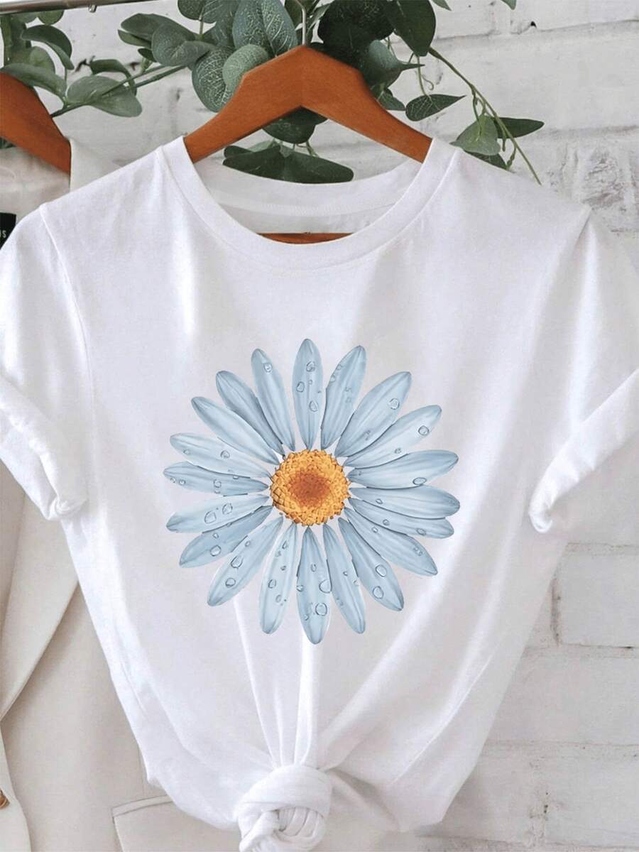 Talla Grande, Camiseta Casual de Mujer con Estampado de Margaritas, Manga Corta, Cuello Redondo, Ligera y Transpirable, Diseño en Azul Brillante y Blanco, Imprescindible para Primavera y Verano, Camisa con Estampado Floral, Camisetas Casuales de Manga Corta con Corte Relajado y Elegante para Tallas Grandes. - Blanco - Ver 1