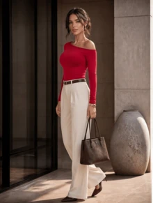 Elegant Casual Blouse, Knit Fabric, Asymmetrical Cutout, Winter - Red - View 4