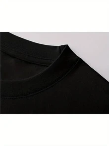 Camiseta manga corta cuello redondo 100% algodón, estampado trendy, tejido ligero y ventilado, estilo moda casual, apta para vida diaria, salidas informales y citas en primavera, verano y otoño - Negro - Ver 2