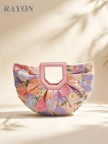 1pc Colorful Floral Decor Net Mesh Embroidered Applique Fan-Shaped Large Tote Bag, Linen Bottom Fabric, Elegant Summer Beach Vacation Style, Suitable For Pairing With Maxi Dresses (Floral Pattern Randomly Sent) - Pink - View 11