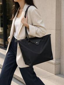 1个简约多功能休闲纯色大号拉链女士单肩手提包，适合购物、度假、工作、通勤，时尚女士单肩包，拉链手提包，防水单肩包，饺子包，腋下包，尼龙包，可折叠学生包，适用于旅行、上学和办公场合。 - 黑色 - 查看 3