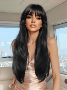 26 Inch Black Straight Wig With Bangs, Natural Looking Synthetic Hair Wig For Daily Wear, Party And Halloween - màu đen - Xem 11