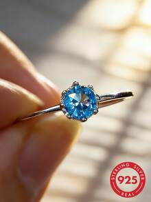 1pc S925 Sterling Silver Embedded Synthetic Zirconia Single Blue Stone Minimalist Ring, Bohemian Elegant Quality Jewelry For Women Daily & Party Wear - Silver - View 1