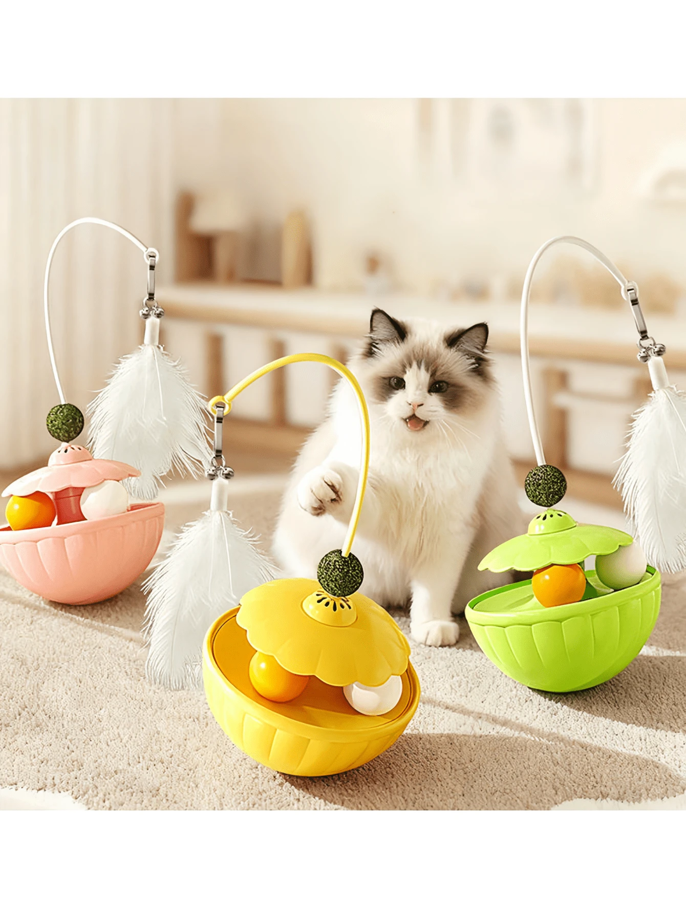 猫玩具翻滚器,自娱自乐解闷羽毛逗猫棒,可拆卸猫薄荷球,宠物用品 - 彩色 - 查看 1