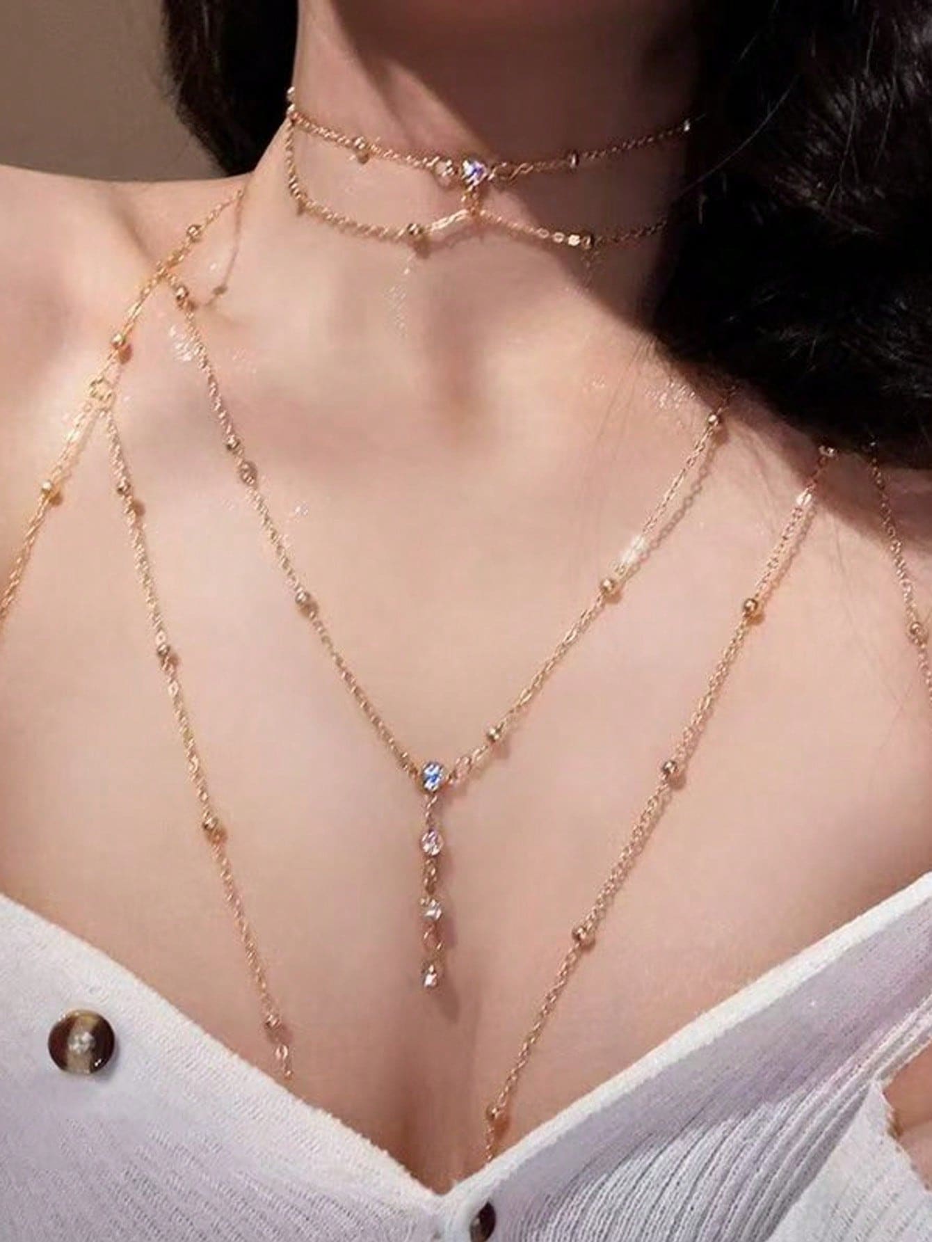 1pc Sexy Rhinestone Tassel Multi-Layer Body Chain, Women's Party/Beach/Daily Accessory, Suitable For Dates, Vacation, Summer - Gold Necklace + Body Chain - View 1