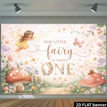 2D Flat Forest Fairy Birthday Party Backdrop, Soft Pink Background With Floral Wreath, Mushroom House, Snail And Heart Decorations, Durable Polyester Material, Suitable For Birthday Celebration - 22 - View 5