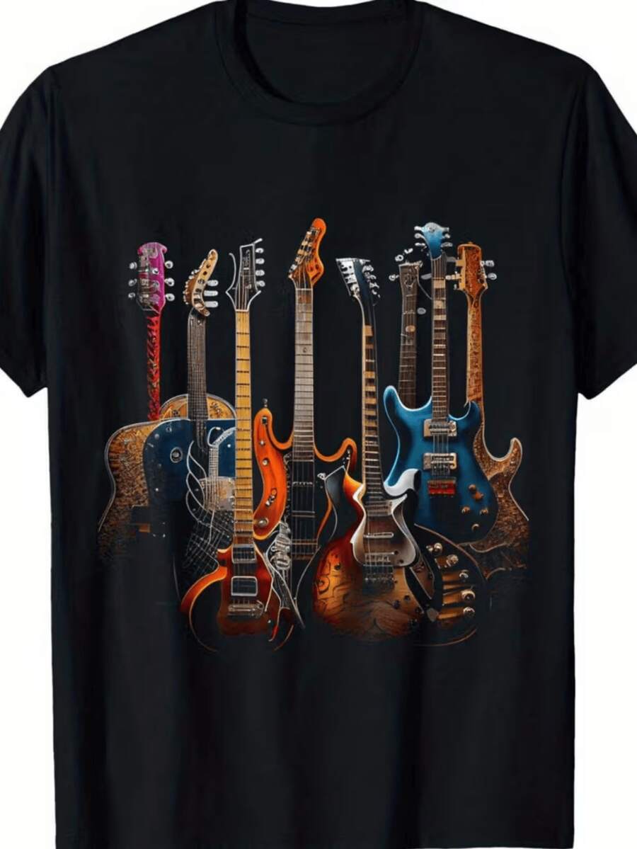 Men's Casual Short Sleeve T-Shirt - Breathable Crew Neck With Modern "Guitar" Print, Machine Washable, Regular Fit For Everyday Wear, Ideal For Summer And Leisure - 黑色 - 查看 1