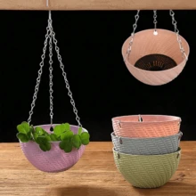 1pc Rattan Pattern Hanging Plastic Flower Pot, Macaron Color Plant Basket With Drainage Layer & Metal Chain Hook, Ideal For Succulent, Spider Plant, Pothos - Perfect For Balcony, Wedding & Party Decor - Spider Plant Pot - View 2