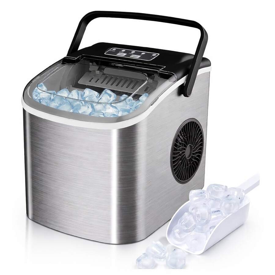Máquina compacta para fabricar hielo con diseño moderno en acero inoxidable, tapa transparente y panel de control intuitivo; produce cubos de manera rápida para bebidas, reuniones o uso diario en cocina, oficina o eventos. Incluye pala para servir, depósito amplio y sistema de enfriamiento eficiente que mantiene el rendimiento constante. Ideal para quienes buscan practicidad, estilo y hielo disponible en pocos minutos. - Tipo de Enchufe A USA (110-127V) - Ver 1