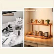 Soporte de madera para tazas de escritorio: diseño retro y minimalista, soporte para tazas de café y té que ahorra espacio, estante para material de oficina, fácil de montar, diseño sencillo y duradero. - Visualizzare 5