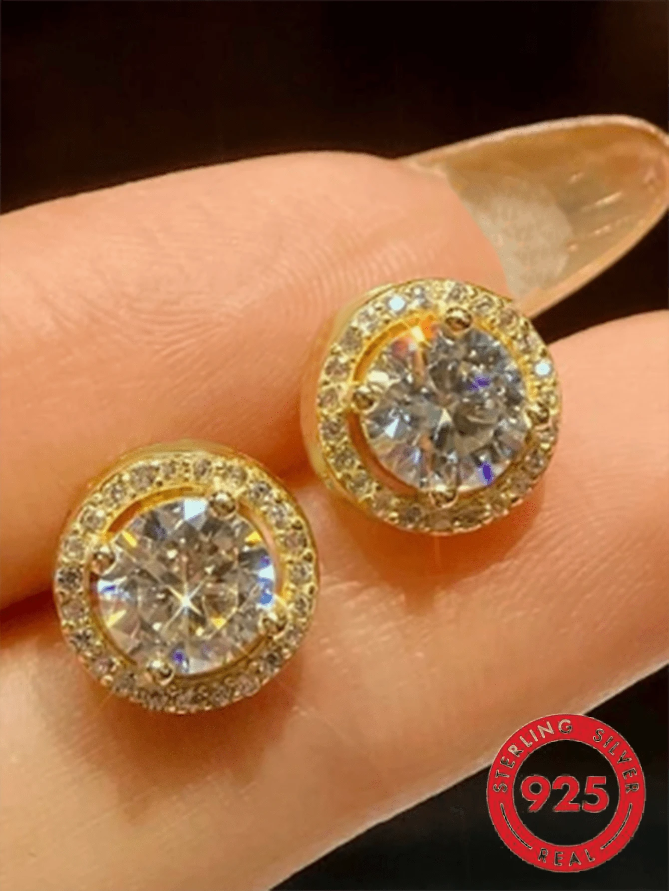 1 Cặp bông tai đinh tán tròn cổ điển bằng bạc Sterling S925 thời trang khảm đá Zirconia tổng hợp, trang sức thanh lịch và tối giản dành cho nữ - Vàng - Xem 1