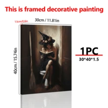 1pc Framed Canvas Wall Art, Vintage Witch Halloween Canvas Wall Art - Rustic Bathroom Decor, Funny Witch Painting With Toilet Scene, Suitable For Horror Home Humor, Whimsical Wall Art, Vintage Witch Art, Floral Witch Hat, Halloween Decor, Halloween Home Decor, Framed Wall Art, Wall Art, Poster - Canvas (Frame Optional) - Witch - View 4