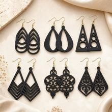 6 pares de pendientes de madera hueca con diseño bohemio, diseño de gota geométrica y triángulo colgante, adecuados para uso diario, joyas para mujeres para festivales y fiestas, para todas las estaciones - geometría - Ver 1