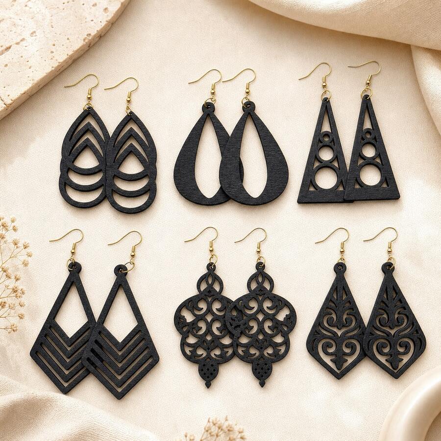 6 pares de pendientes de madera hueca con diseño bohemio, diseño de gota geométrica y triángulo colgante, adecuados para uso diario, joyas para mujeres para festivales y fiestas, para todas las estaciones - geometría - Ver 1
