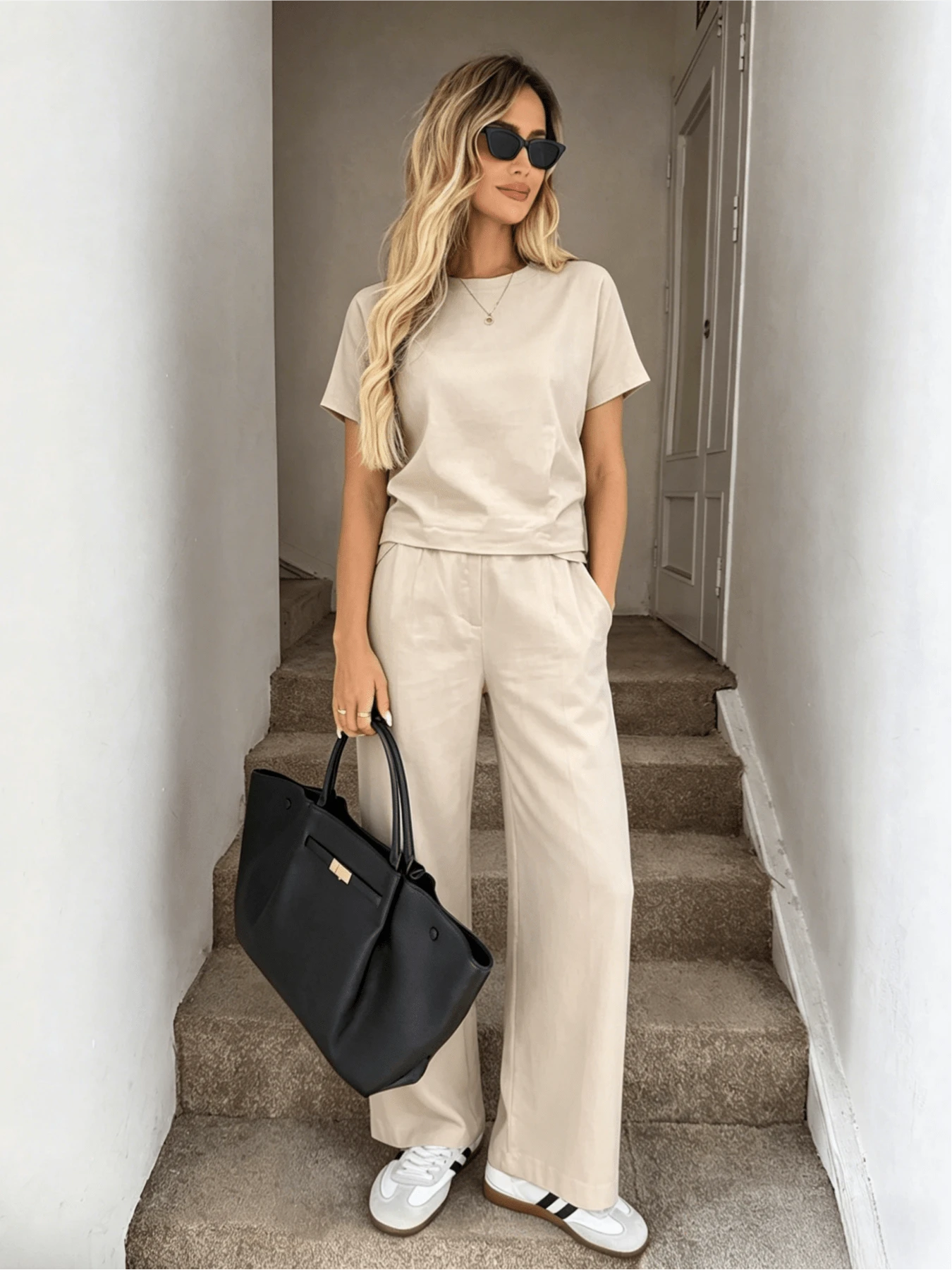 Light Beige Minimalist Short Sleeve Tee & Pleated Wide Leg Pants 2-Piece Loungewear - Apricot - View 1
