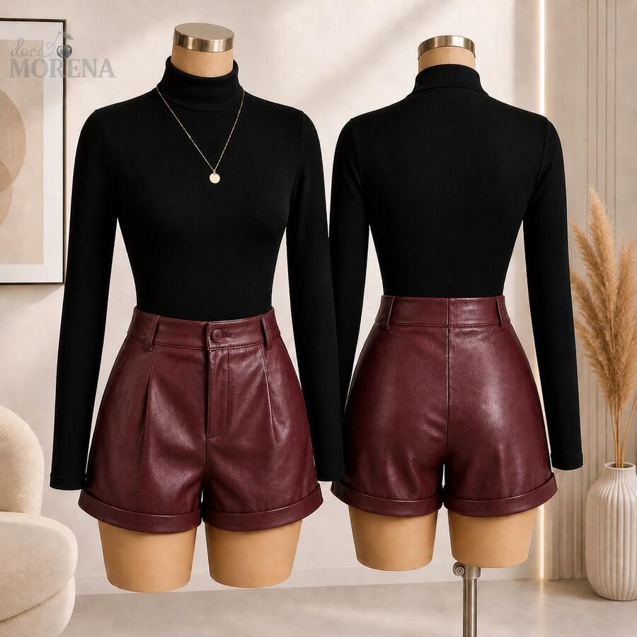 Women's Set: Long-Sleeved Tulle Bodysuit + High-Waisted Leather Shorts – Elegant And Modern Look, Winter Fashion, Perfect For June Festivals, Rodeos, Parties, Clubs, And Bloggers. - Black and Marsala - View 1