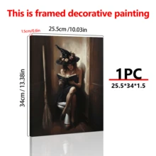 1pc Framed Canvas Wall Art, Vintage Witch Halloween Canvas Wall Art - Rustic Bathroom Decor, Funny Witch Painting With Toilet Scene, Suitable For Horror Home Humor, Whimsical Wall Art, Vintage Witch Art, Floral Witch Hat, Halloween Decor, Halloween Home Decor, Framed Wall Art, Wall Art, Poster - Canvas (Frame Optional) - Witch - View 3