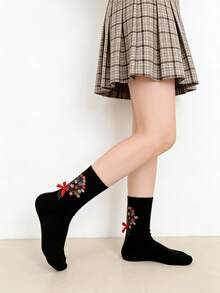 1/3 pares de calcetines de media caña con decoración de flores y lazos de estilo chino, versátiles para primavera/verano - Multicolor - Ver 8