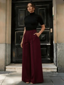 Elegant And Chic Wide-Leg Trousers With A Pleated Leg Design, Suitable For Autumn. Sizes S M L - 酒紅色 - 查看 2