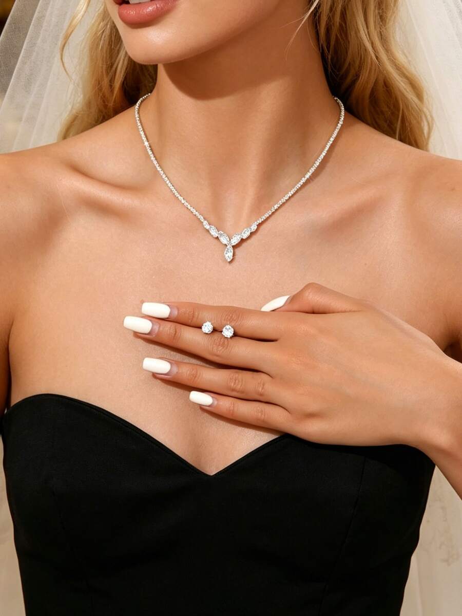 Bộ 3 món dây chuyền và bông tai pha lê cao cấp, kết hợp với dây chuyền choker sang trọng, trang sức, phụ kiện. - Bạc - Xem 1