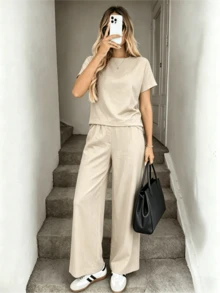 Light Beige Minimalist Short Sleeve Tee & Pleated Wide Leg Pants 2-Piece Loungewear - Apricot - View 4