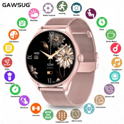  GAWSUG 男女通用智能手表，1.46英寸圆形屏幕，支持无线通话（接听/拨打电话），IP68级防水，具备运动追踪、睡眠监测功能，超薄锌合金表壳，兼容和安卓系统，是理想的礼物之选。
