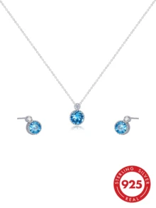 Bộ 1 dây chuyền và bông tai hình trái tim biển bằng bạc Sterling S925 đính đá Zirconia sáng bóng, trang sức thời trang dành cho nữ, phù hợp để đeo hàng ngày, đi chơi, du lịch. Đi kèm hộp quà sang trọng, thích hợp làm quà tặng, sinh nhật, ngày lễ, tiệc tùng. - Màu xanh lam - Xem 1