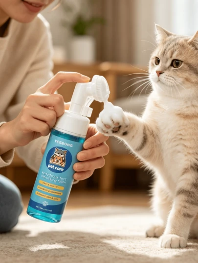 Yegerbang 60ml Pet Paw Cleaning Foam Pad, Cleansing & Moisturizing For Pregnant And Young Dogs/Cats, Silicone Brush Head. Attractive Blue & White Cartoon Pattern. Includes Brush Head For Paw Cleaning. Suitable For Cats & Dogs, Mini Rectangular Transparent Packaging Box, Dust-Proof And Portable.
