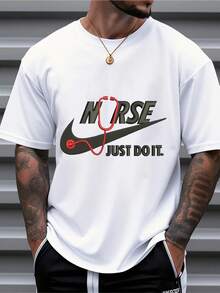Men's Oversized Crew Neck Short Sleeve T-Shirt with Nurse-Themed Graphic Print, Casual Daily Wear, Soft Cotton Blend Fabric, White Color,  Loose Fit Top for Men - Weiss - Übersicht 1